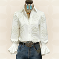 Blouse Dames | Geborduurd Bloemenpatroon & Ruffle Manchetten