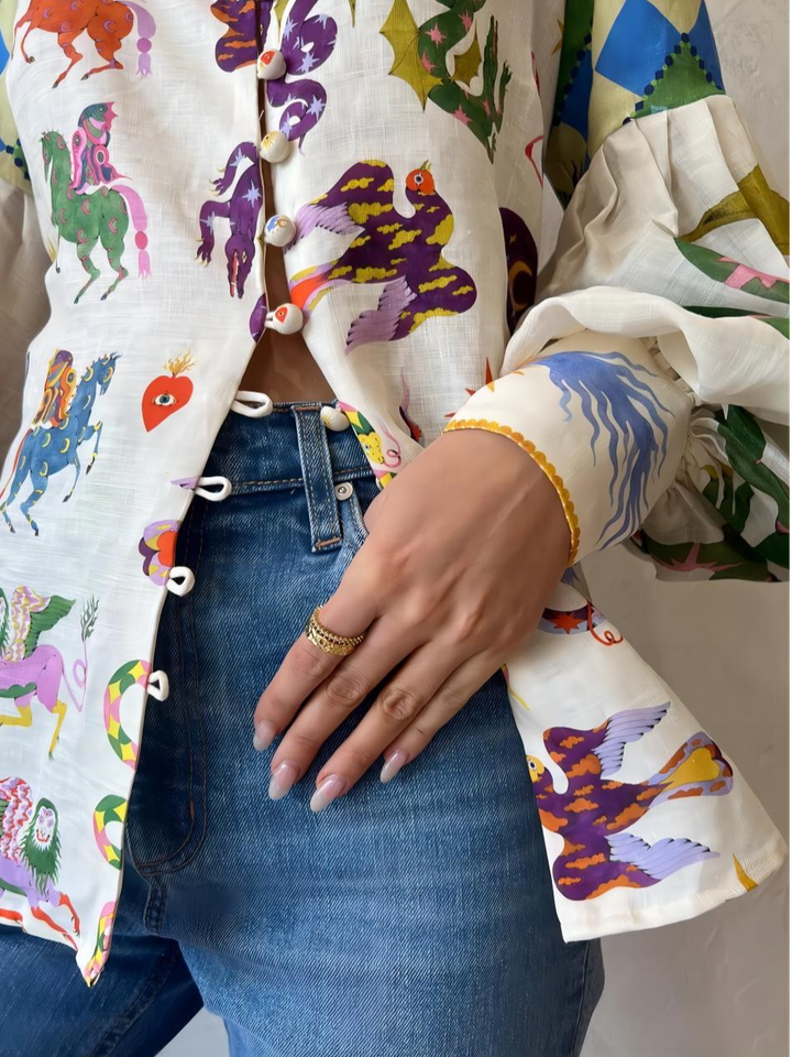 Blouse Dames | Pop-Art Print &amp; Pofmouwen