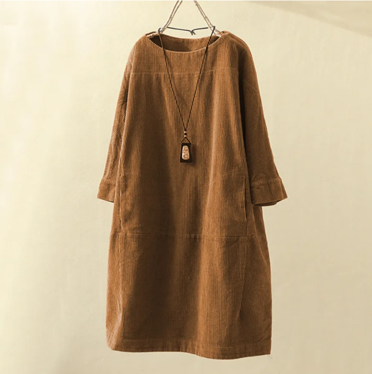Dames Comfortabele Midi Zomerjurk met Korte Mouw Ribfluweel Design - Robijn