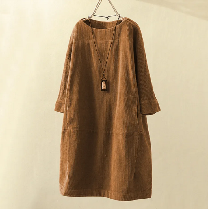 Dames Comfortabele Midi Zomerjurk met Korte Mouw Ribfluweel Design - Robijn