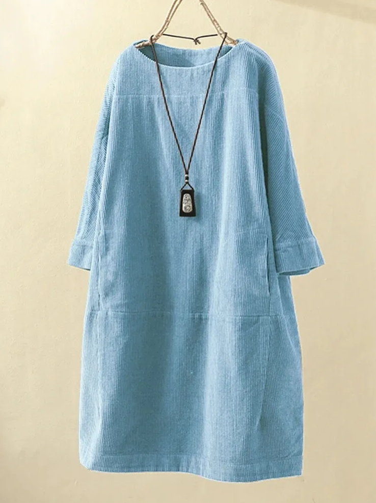 Dames Comfortabele Midi Zomerjurk met Korte Mouw Ribfluweel Design - Robijn