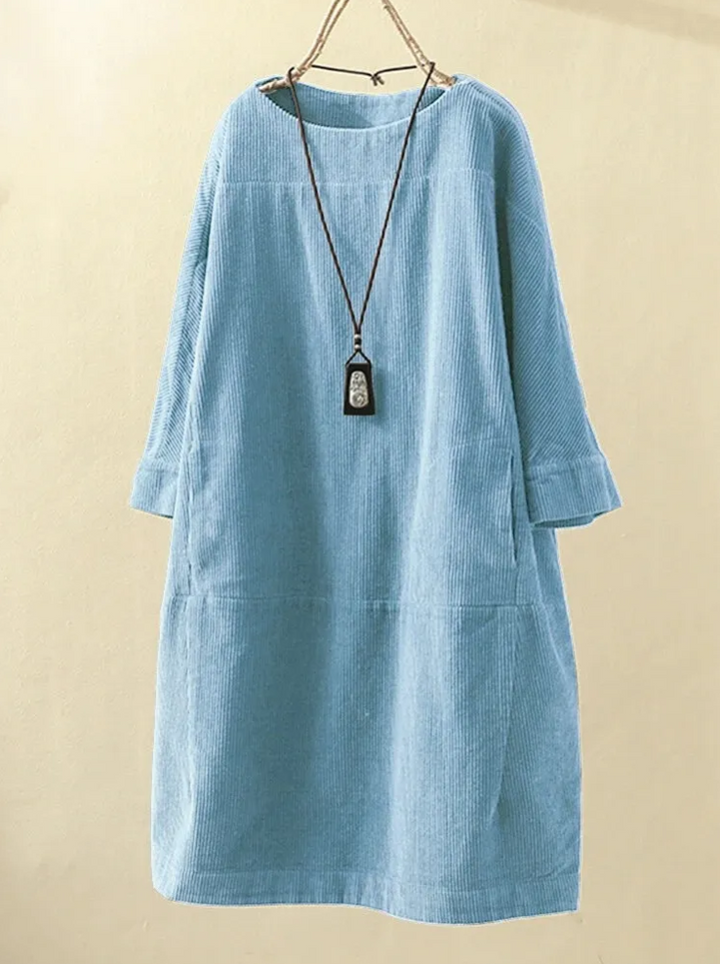 Dames Comfortabele Midi Zomerjurk met Korte Mouw Ribfluweel Design - Robijn
