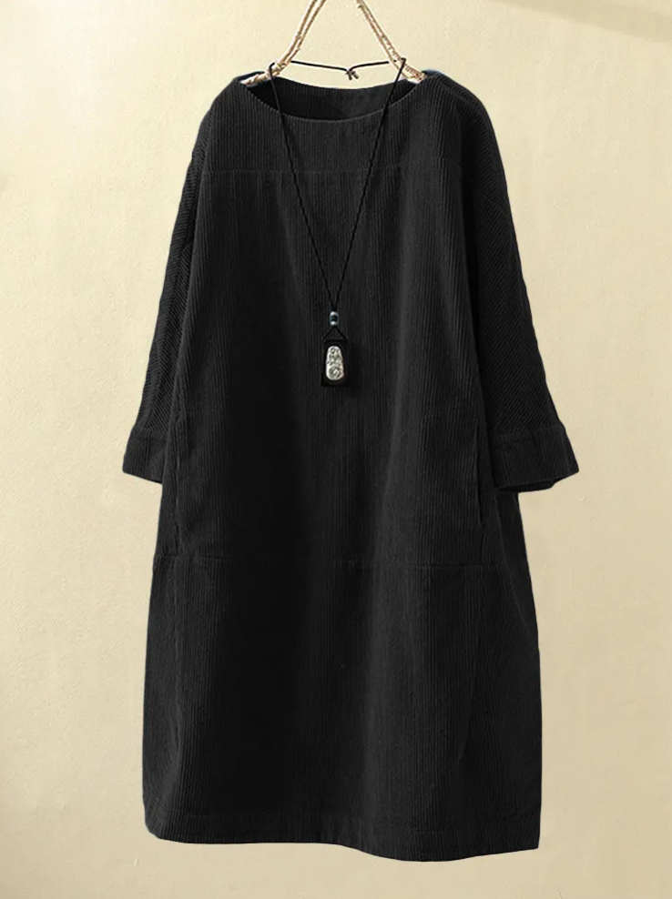 Dames Comfortabele Midi Zomerjurk met Korte Mouw Ribfluweel Design - Robijn