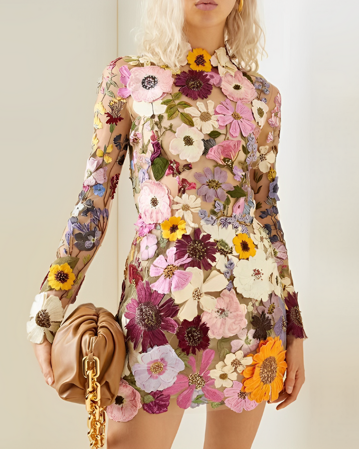 Dames Elegante Mini zomerjurk met hoog decolleté en bloemmotief - Flora