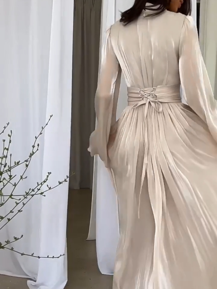 Dames Elegante Plooi met Strik Riem Maxi Gala Jurk- Sopia