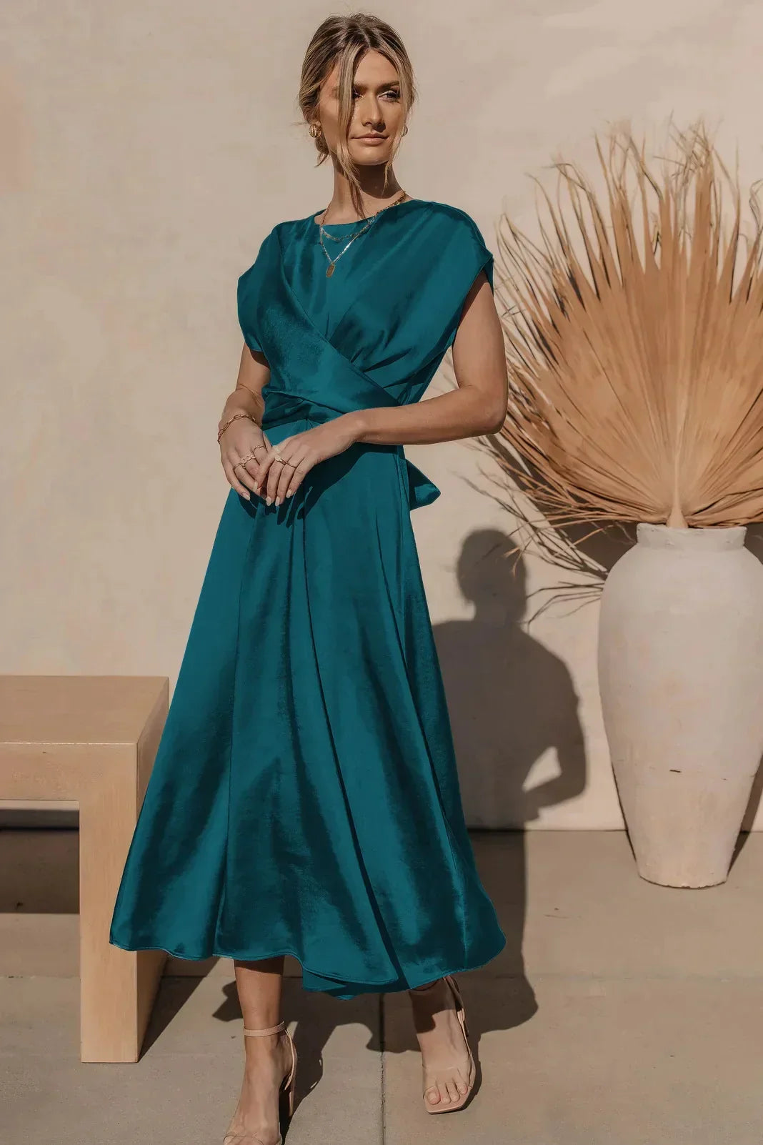 Dames Elegante Satijnen Zijden Midi Trouwjurk - Evangeline