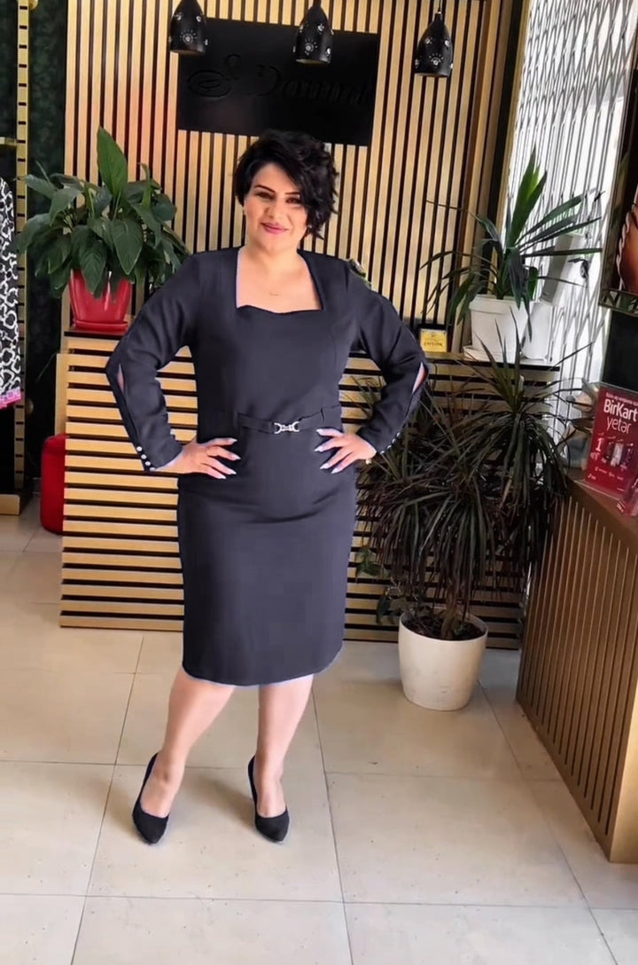 Dames Formele Midi Jurk met Vierkante Hals - Nancy