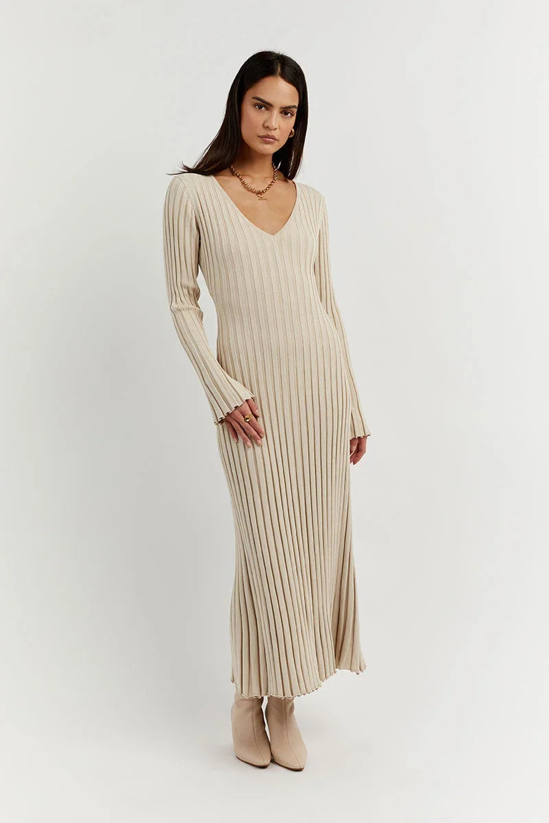 Dames Gebreide Stijlvolle en Comfortabele Lange Mouwen V hals Maxi Zomerjurk- Luna