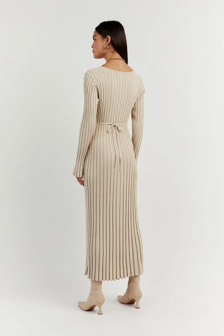 Dames Gebreide Stijlvolle en Comfortabele Lange Mouwen V hals Maxi Zomerjurk- Luna