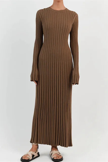 Dames Gebreide Stijlvolle en Comfortabele Lange Mouwen V hals Maxi Zomerjurk- Luna