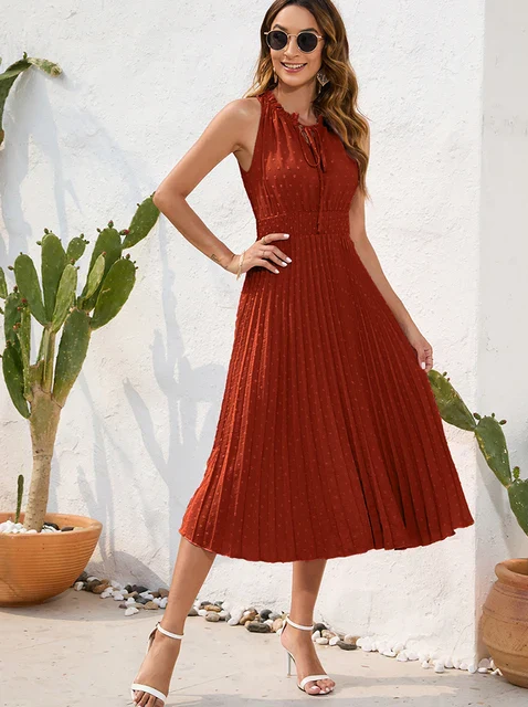 Dames Halterjurk met Plooien Midi Jurk- Bea