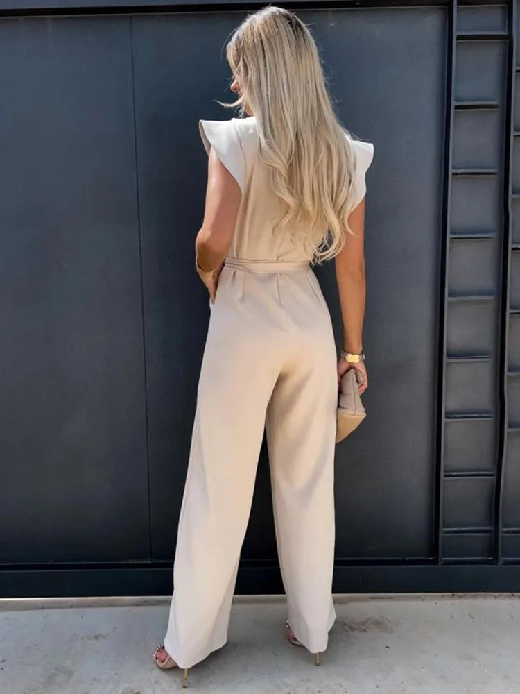 Dames Jumpsuit met elegante ruches en wijde pijpen voor de zomer - Peach