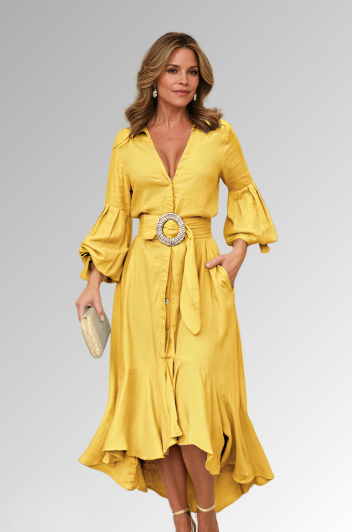 Dames Midi zomerjurk met pofmouwen - Renee