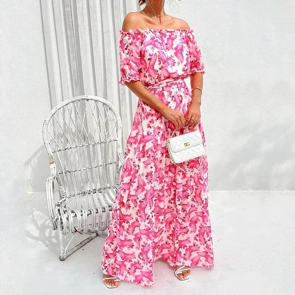Dames Off Shoulder Elegant Fit Bloemige Maxi Zomerjurk - Rosa