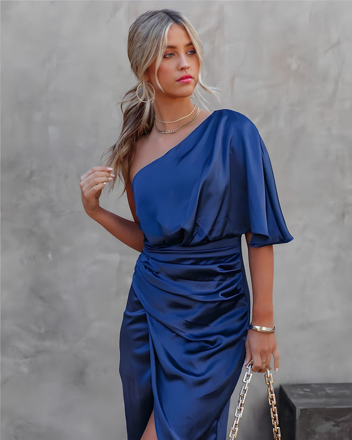 Dames One Shoulder Midi Gala Jurk -Genevieve