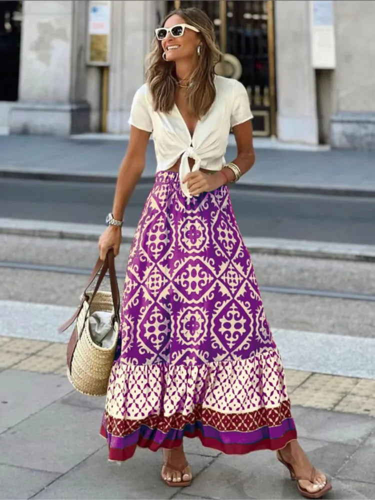 Dames Retro Print Midi Rok – Liora