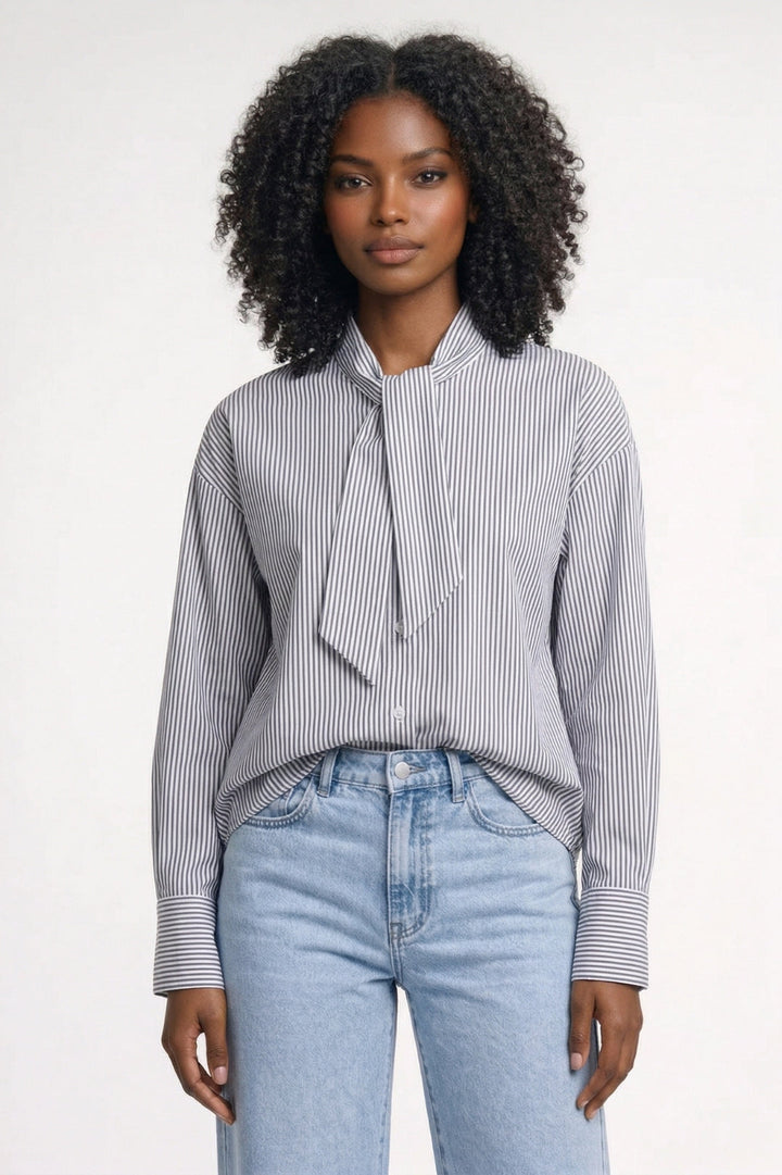 Damesblouse | Gestreept met Strik &amp; Lange Mouwen