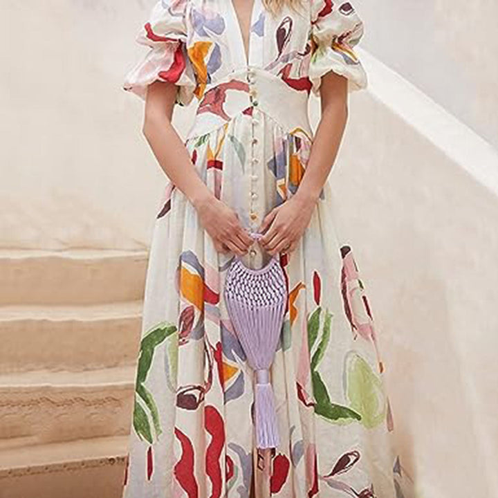 Damesjurk met V-hals en knoopdetails Bloemen Maxi Zomerjurk - Lisa