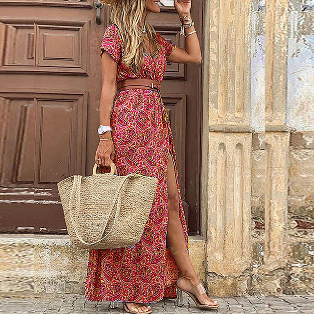 Damesjurk met korte mouwen Boho zomerstijl V hals Maxi Dress - Agnes