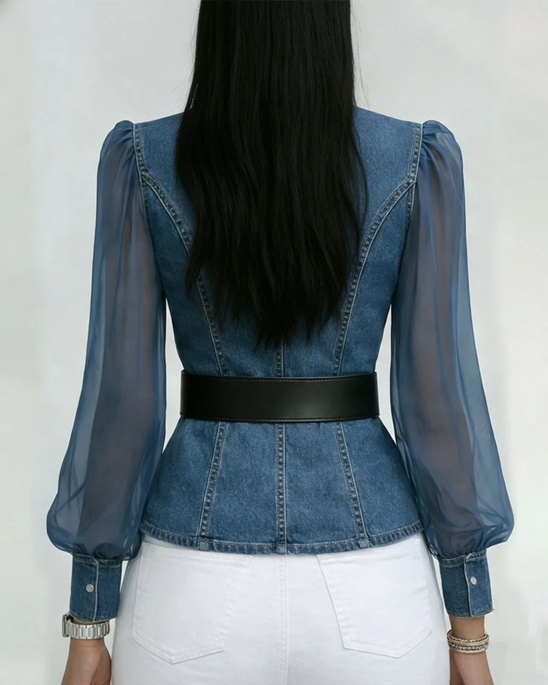 Denim Blouse Dames | Transparante Pofmouwen &amp; Getailleerde Pasvorm