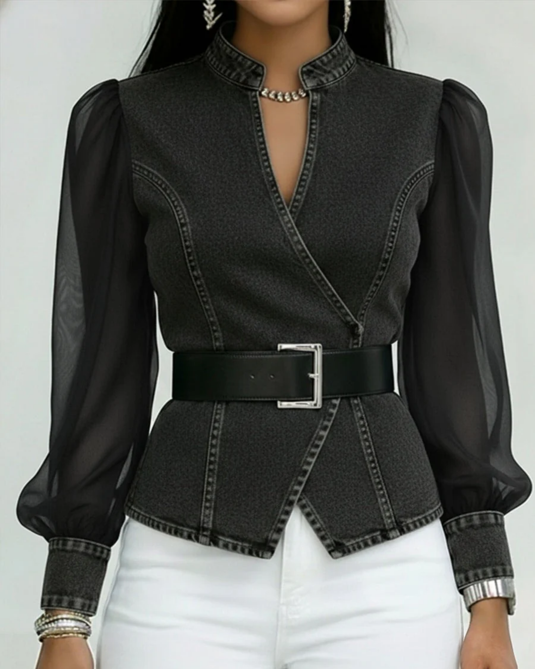 Denim Blouse Dames | Transparante Pofmouwen &amp; Getailleerde Pasvorm
