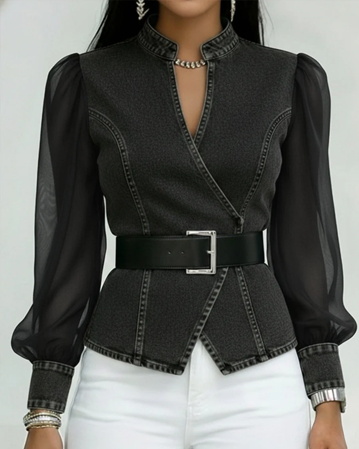 Denim Blouse Dames | Transparante Pofmouwen &amp; Getailleerde Pasvorm