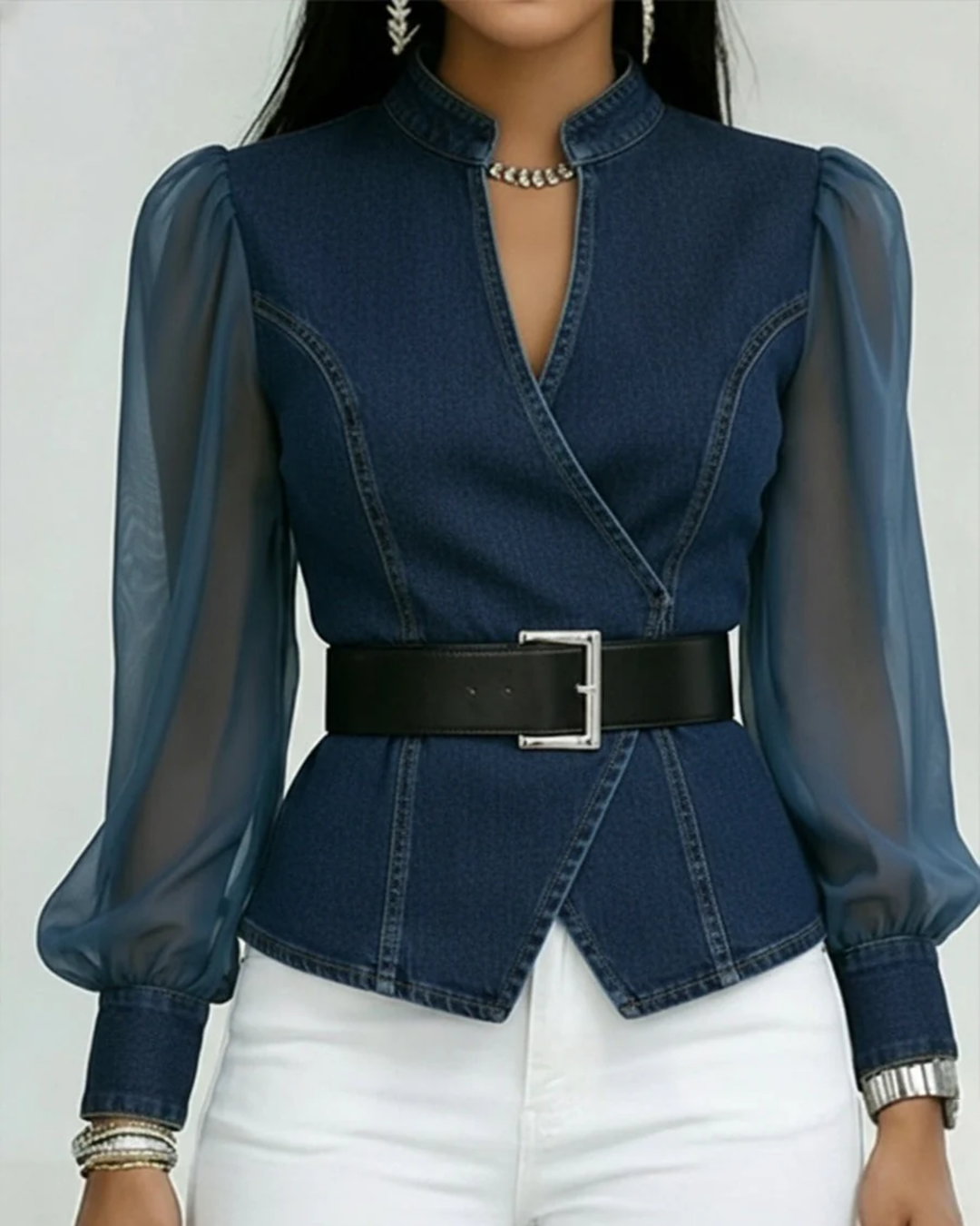 Denim Blouse Dames | Transparante Pofmouwen &amp; Getailleerde Pasvorm