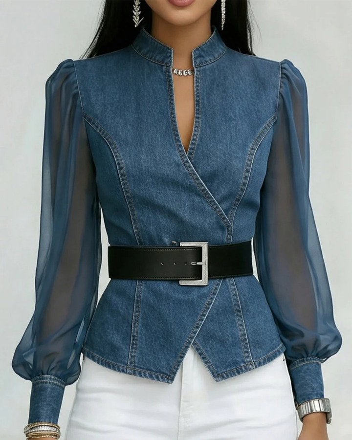 Denim Blouse Dames | Transparante Pofmouwen &amp; Getailleerde Pasvorm