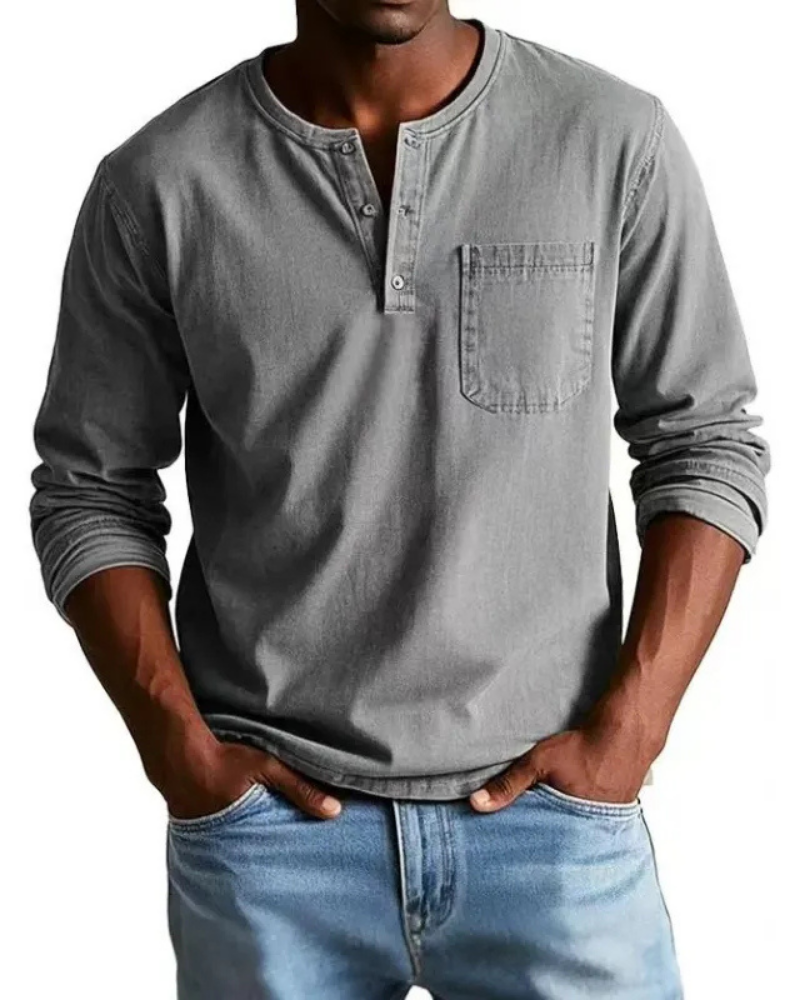 Denim Shirt Heren | Henley Halslijn &amp; Praktische Borstzak