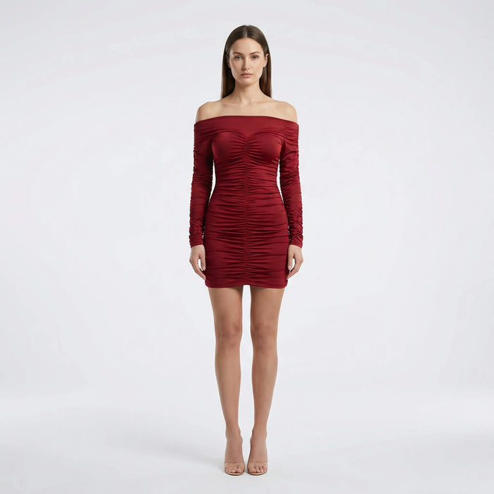 Dames Off-Shoulder Mini Jurk met Geplooide Wikkel Taille