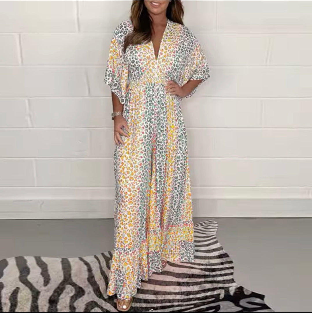 Jumpsuit met V hals en luipaardprint - Viollet
