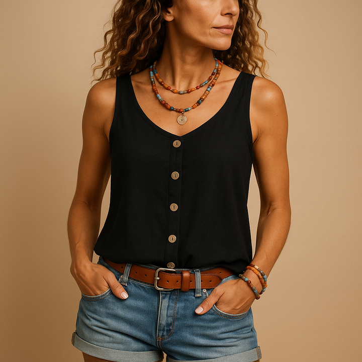 Mouwloze Top Dames | Luchtige V-Hals &amp; Zomers Knoopdetail