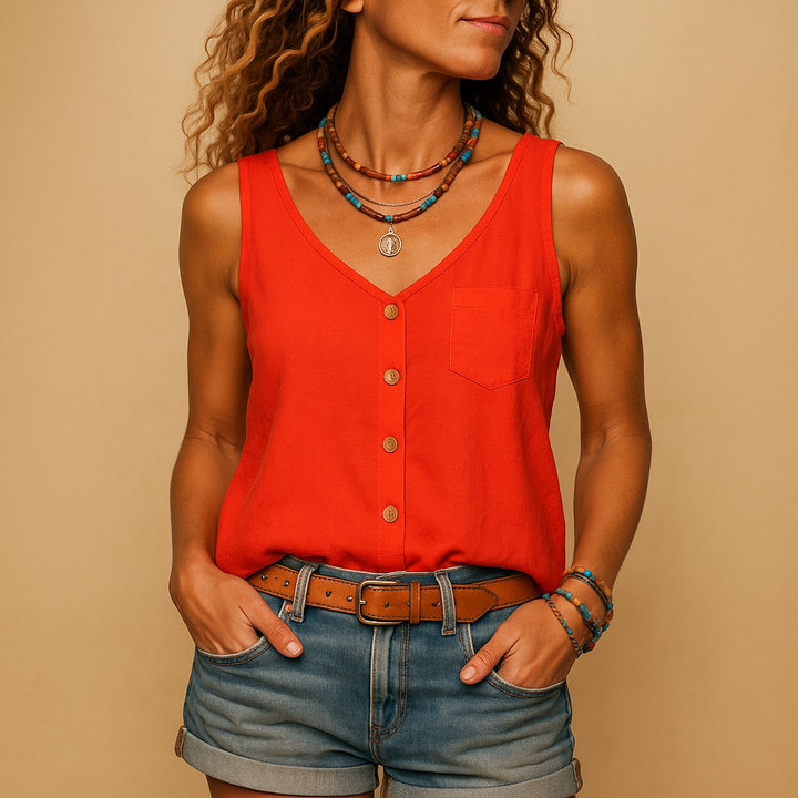Mouwloze Top Dames | Luchtige V-Hals &amp; Zomers Knoopdetail