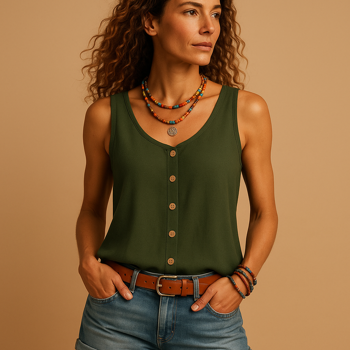 Mouwloze Top Dames | Luchtige V-Hals &amp; Zomers Knoopdetail