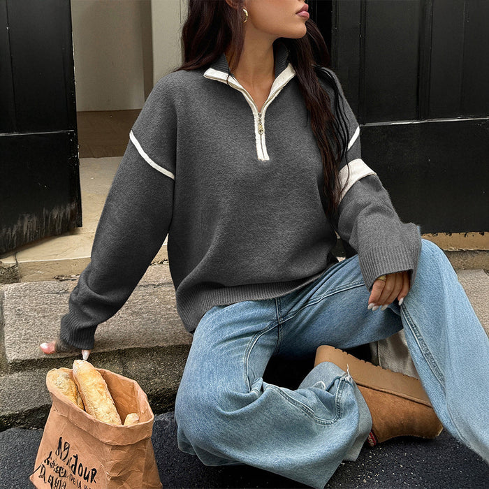 Dames Oversized Trui Halve Rits Contrastpaspel