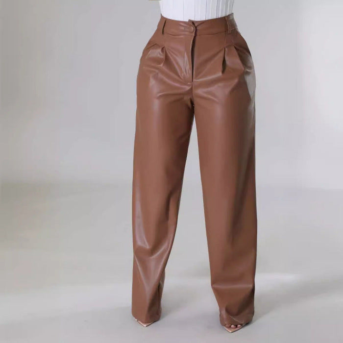 Dames Imitatieleren Pantalon met Hoge Taille en Wijde Pijpen