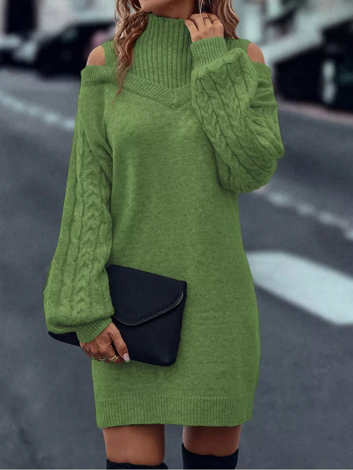 Dames Gebreide Cold Shoulder Jurk met Col Kabel Mouwen