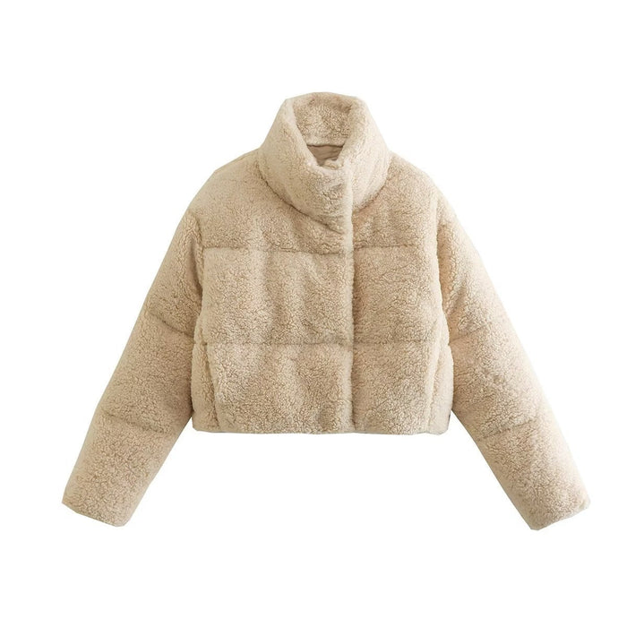 Dames Cropped Teddy Jas Hoge Kraag Zijzakken