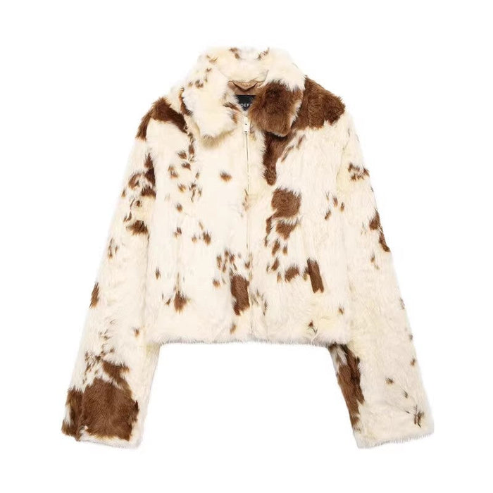 Dames Kunstbont Teddy Jas met Koeienprint en Rits