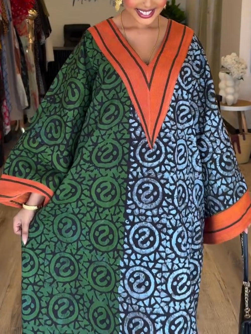 Print Maxi Jurk Dames | Afrikaanse Kaftan met Diepe V-Hals
