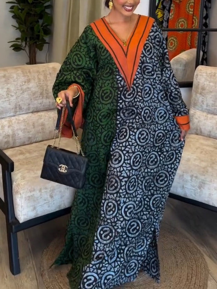 Print Maxi Jurk Dames | Afrikaanse Kaftan met Diepe V-Hals