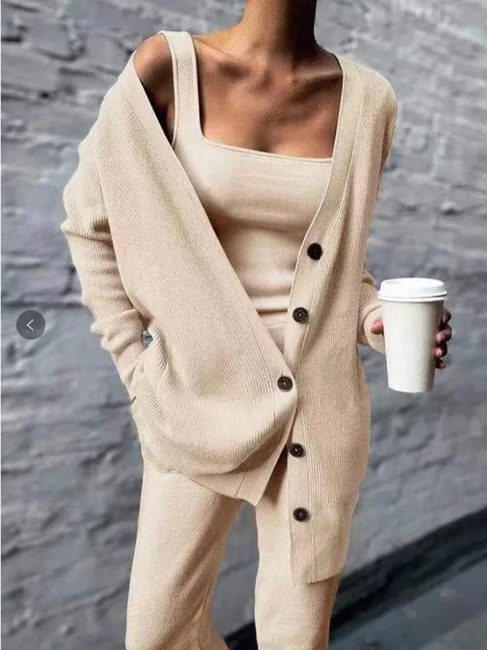 Dames Gebreid Driedelig Set met Cardigan en Broek