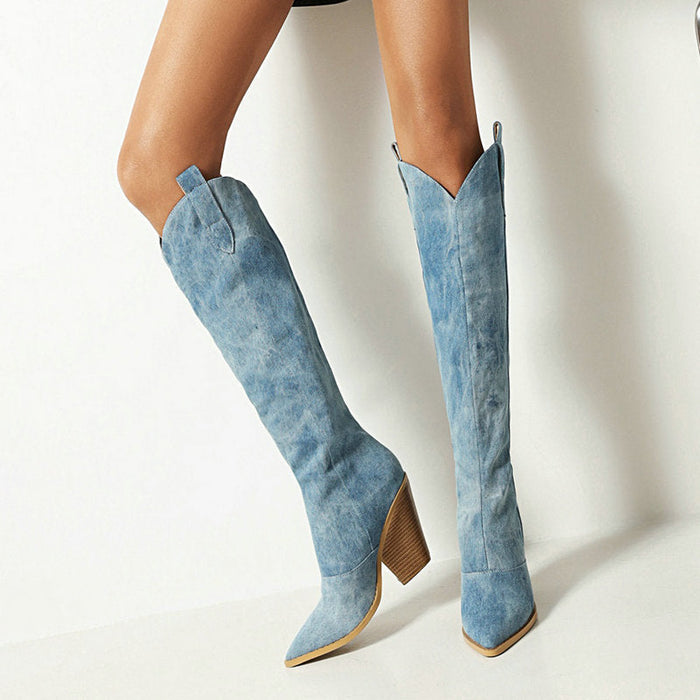 Dames Knielaarzen Puntige Neus met Blokhak en Jeanslook
