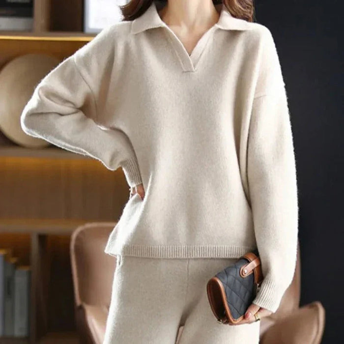 Dames Loungewear Set met Kraag en Geribbelde Boorden