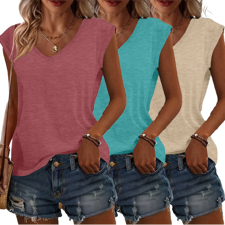 T-Shirt Set Dames | 3-Delig V-hals &amp; Mouwloos Design