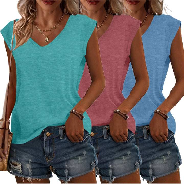 T-Shirt Set Dames | 3-Delig V-hals &amp; Mouwloos Design