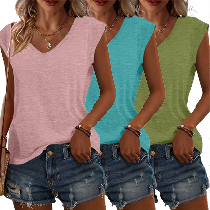 T-Shirt Set Dames | 3-Delig V-hals &amp; Mouwloos Design