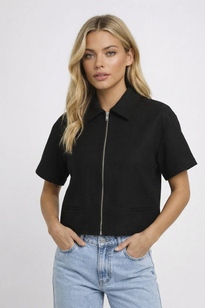Top Dames | Cropped Zip Jasje met Revers &amp; Moderne Snit
