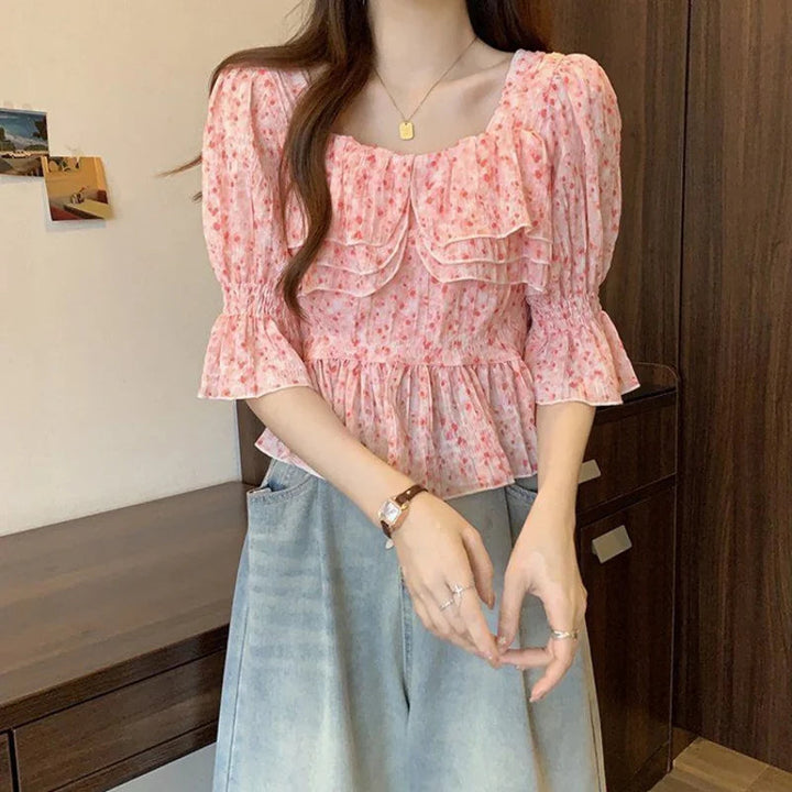 Top Dames | Koreaanse Bloemenblouse met Ruches &amp; Pofmouwen
