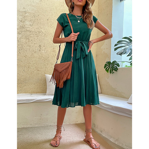 Vrouwen Elegante Flatterende Korte Mouwen Riem Midi Zomerjurk - Nora